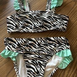 2 piece swimsuit - Toddler girls size 5T - wonder nation Black white zebra print - mint green ruffle 
