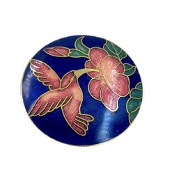 Vintage Cloisonne Champleve Brooch Pin Cobalt Blue Red Enamel Gold Tone Hummingbird Floral Round 