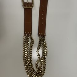 Linea Pelle Cognac Leather Belt with Triple Gold Chain Detail