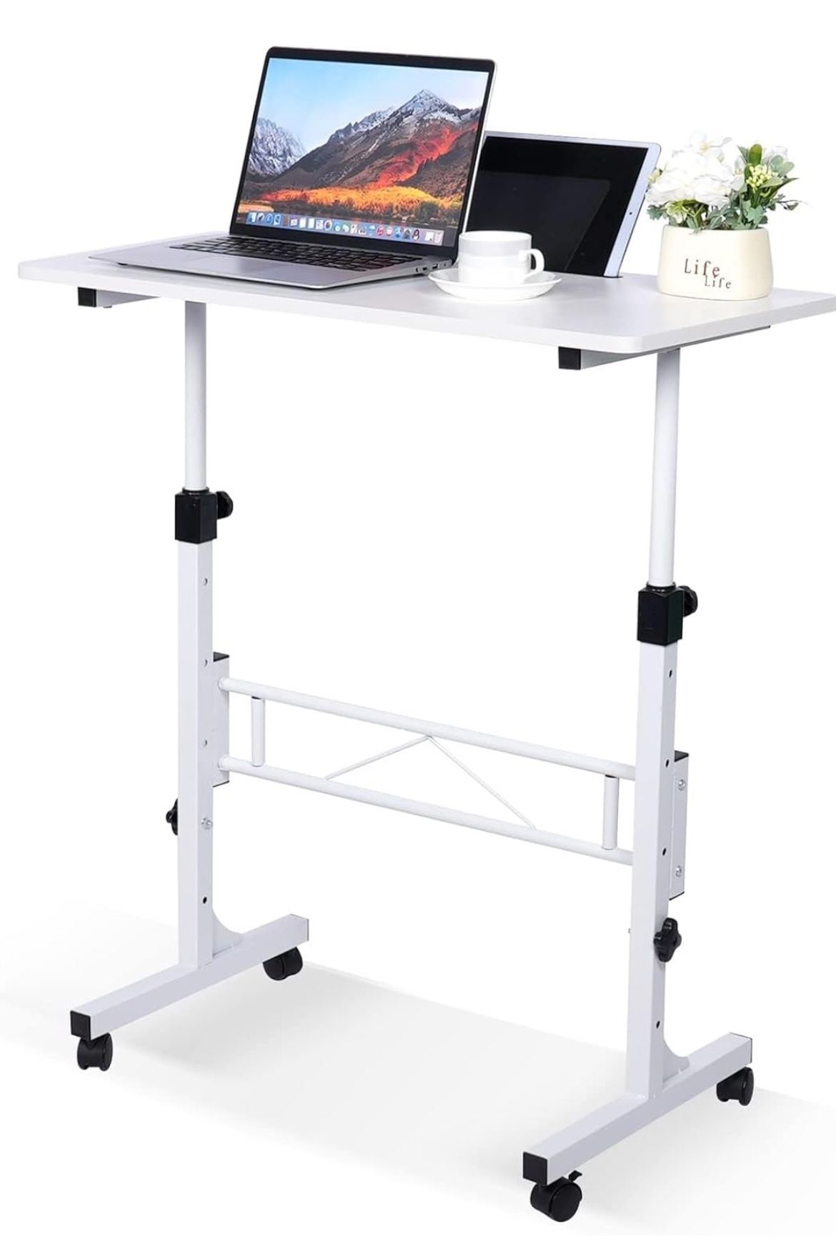 Standing Desk Adjustable Height, Mobile Stand Up Desk with Wheels Small Computer Desk Rolling Desks, Portable Laptop Desk White Standing Table Home Of