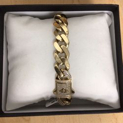 14 K Monaco  Chain Bracelet,  lock decorated  with pave-set cubic zirconia