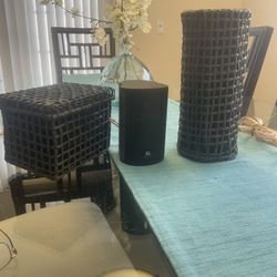 Audio speakers, Acoustic Research AR HD510 home decor series.  Speakers sit inside weaved basket, speakers not visible.