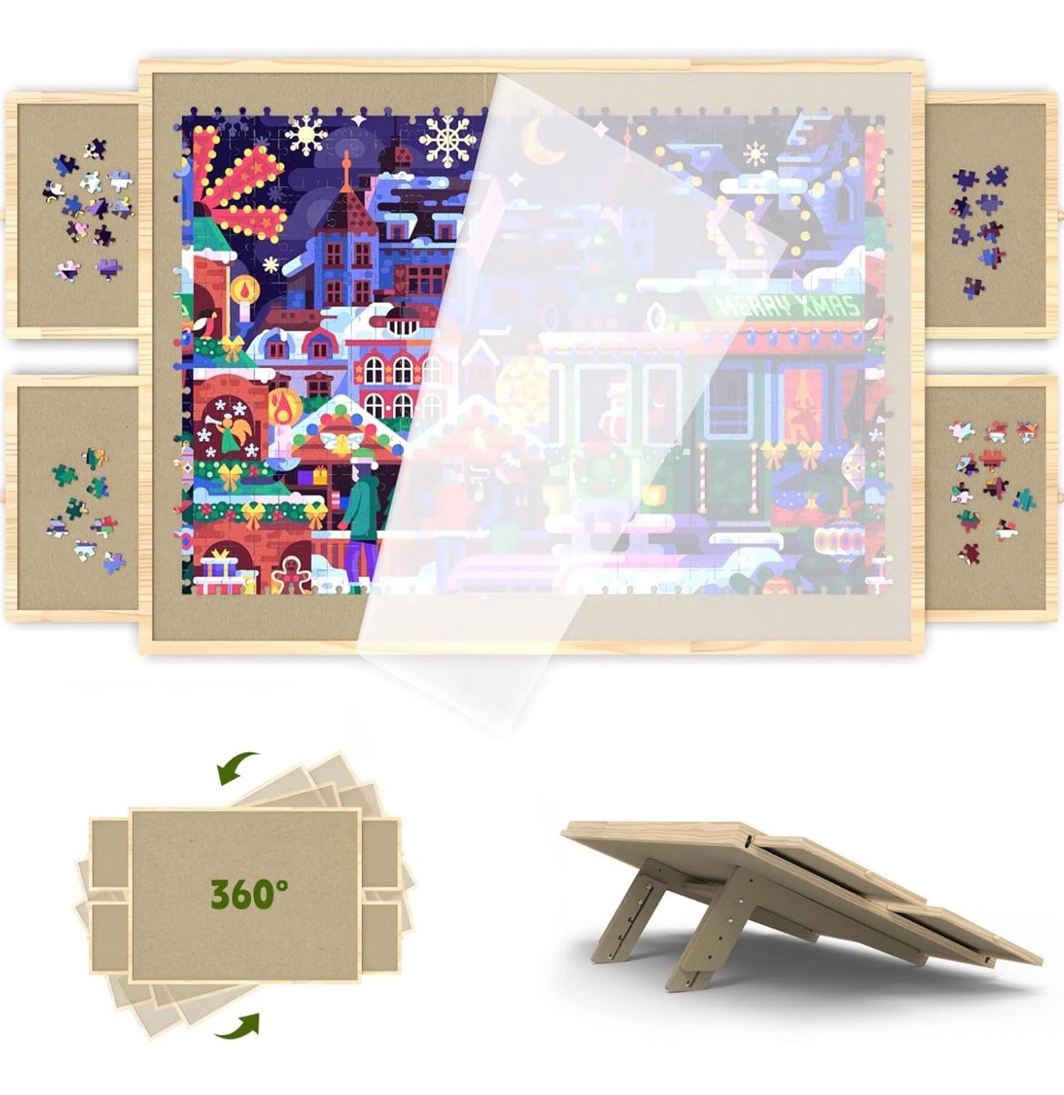 Jigsaw Puzzle Board 1500 Pieces, 2-in-1 Tilting and Rotating Puzzle Board with Drawers and Cover, Portable Wooden Puzzle Board for Adults, Board Game 