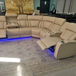 Beige Sectional Recliner Sofa With Cup Holder And LED