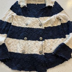 S Free People Cardigan Sweater Womens Blue Ivory Coat Of Arms Jacket Raw Hem