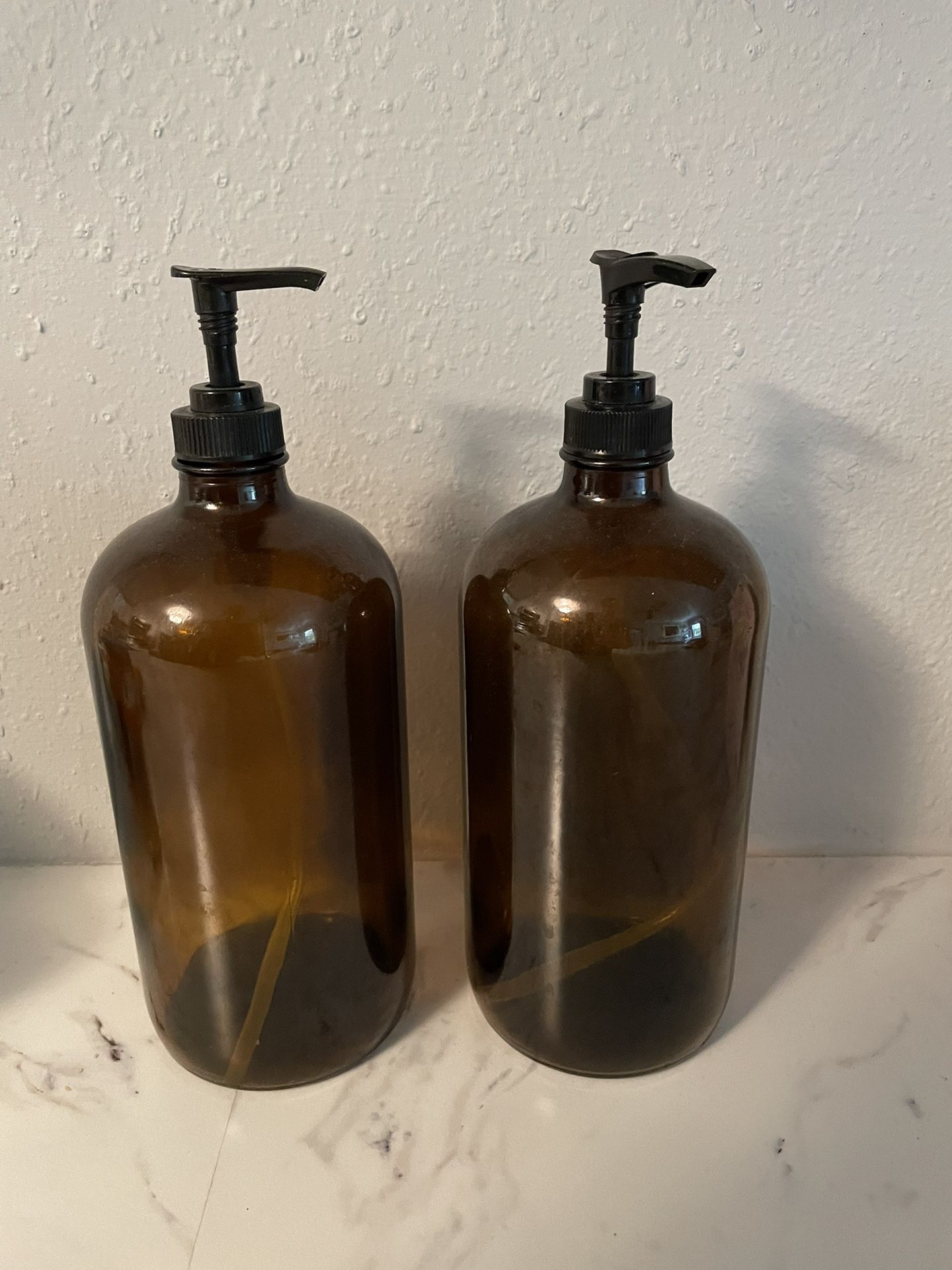 2 Amber Glass Bottles w/ Pump Dispensers - Kitchen-Bath-soap-lotion