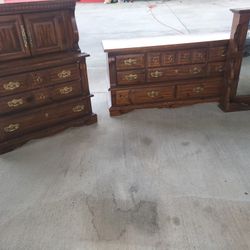 Solid Wood Antique Armoire And Dresser With Mirror