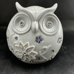 Adorable White Ceramic Owl With Rhinestone Eyes and Trim