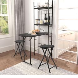 Retro 3-in-1 Kitchen Table Set with 2 Round Stools, Black, 21.9" x 35.4" Oval Tabletop
