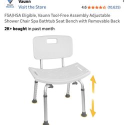 FSA/HSA Eligible, Vaunn Tool-Free Assembly Adjustable Shower Chair Spa Bathtub Seat Bench with Removable Back