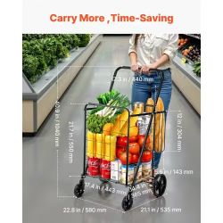 384^Folding Shopping Trolley, Jumbo Trolley with Double Baskets, 360° Swivel Wheels, Heavy Duty Utility Trolley, 50kg Capacity Utility Cart for Laundr