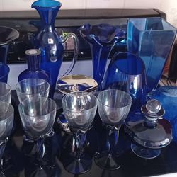 17 PIECE LOT OF COBALT GLASS VASES, CANDLE HOLDERS, WINE GLASSES