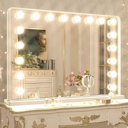 Keonjinn Large Vanity Mirror with Lights 18 Replaceable Bulbs Hollywood Makeup Mirror with 2 Replacement Bulbs, 3-Color Lights, Aluminum Metal Frame, 
