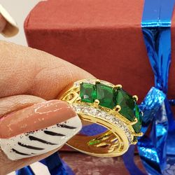 Precious 14K Gold Plated NEW Ring, Green Garnet STONE & Cz DIA all around the beautiful Ring, Sz5 #841
