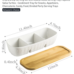Chip and Dip Serving Set with Acacia Wood Serving Tray, Majolica Salsa Turtles - Condiment Tray for Snacks, Appetizers, Charcuterie, Candy, Food, Divi