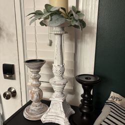 Three New  Available Candle Sticks Shabby Chic, Rustic Farmhouse, Boho, And Black With Wreath And Candle