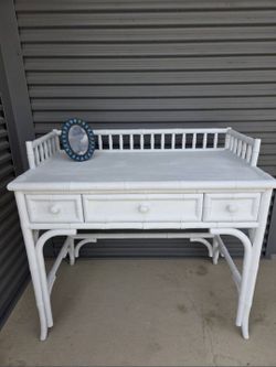 Vintage Faux Bamboo 3 drawer desk / white desk / Entryway Table/ Beautiful white
