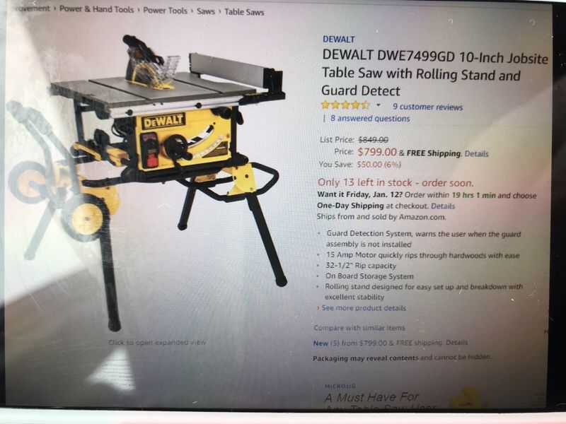 Dewalt DWE7499GD 10inch jobsite table saw with rolling stand and guard detect