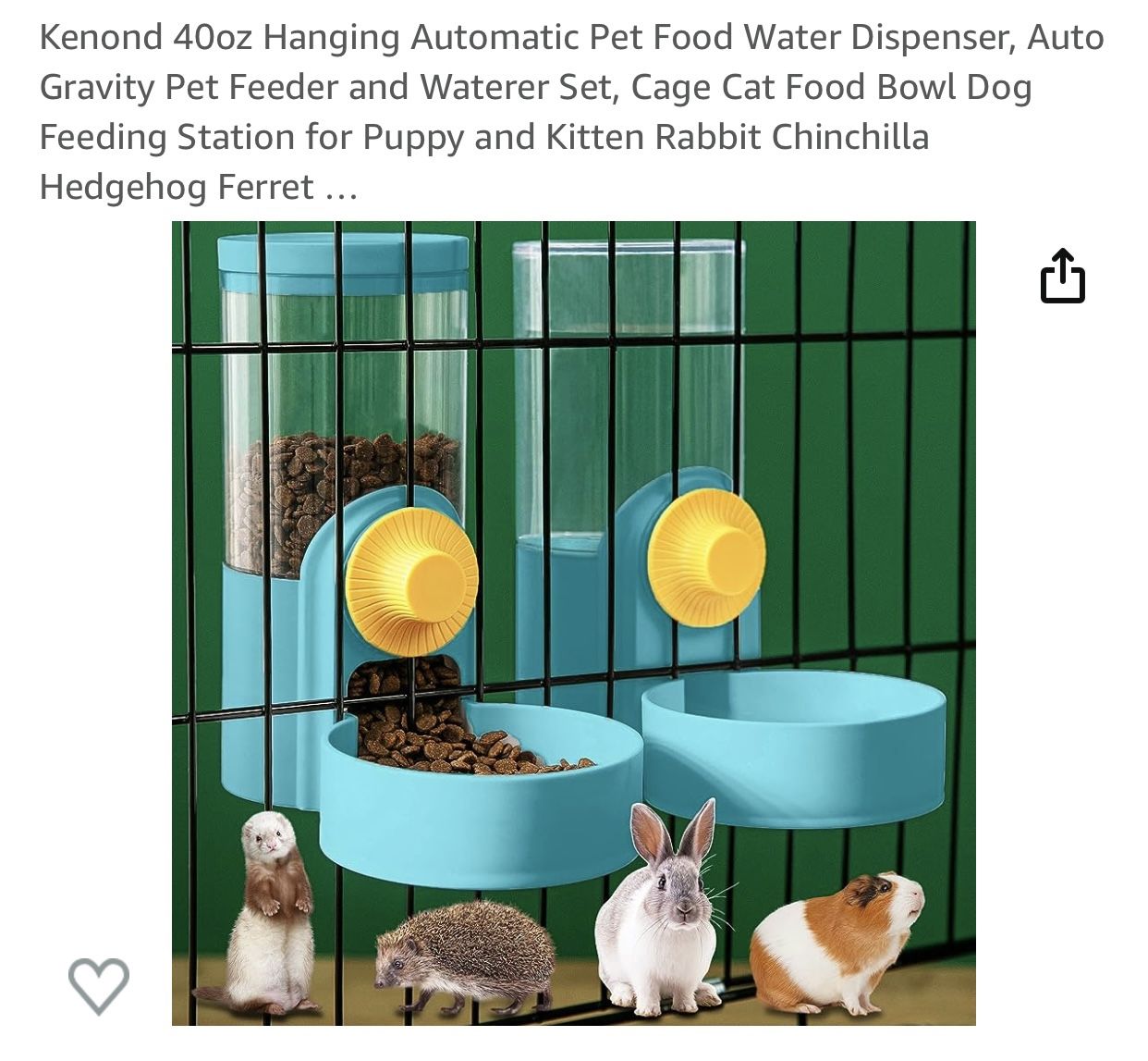 Kenond 40oz Hanging Automatic Pet Food Water Dispenser, Auto Gravity Pet Feeder and Waterer Set, Cage Cat Food Bowl Dog Feeding Station for Puppy and