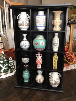 Miniature Chinese Porcelain Vase Collection with Display Shelf