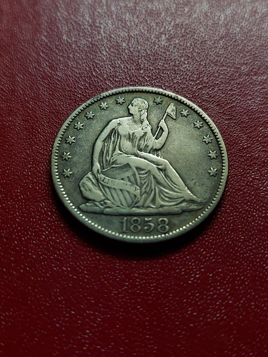 New Orlean Great US 1858-O Seated Liberty Half. 90% Silver Dollar Coin Light.
Weight: 12.2 grams
Diameter: 30.2 X 1.7 mm.