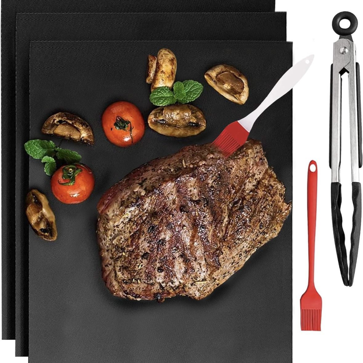 Barbecue BBQ Grill Mat Set : 3 Thick Grill Mats, 2 Silicone Brush, 1 Tong NEW Accessories 
