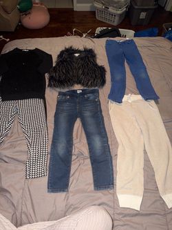 Girls fall/winter size 6 clothes. Blue Joe’s pants have faded knees. Jeans are Hudson brand. Danskin cream sparkly pants.
