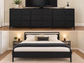 Black Metal Bed Frame and Dresser Set