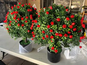 21.6” Tall Artificial Rose Topiary Ball Tree Set of 2 Pack Potted Bushes UV Resistant Potted Plants for Indoor Outdoor Home Garden