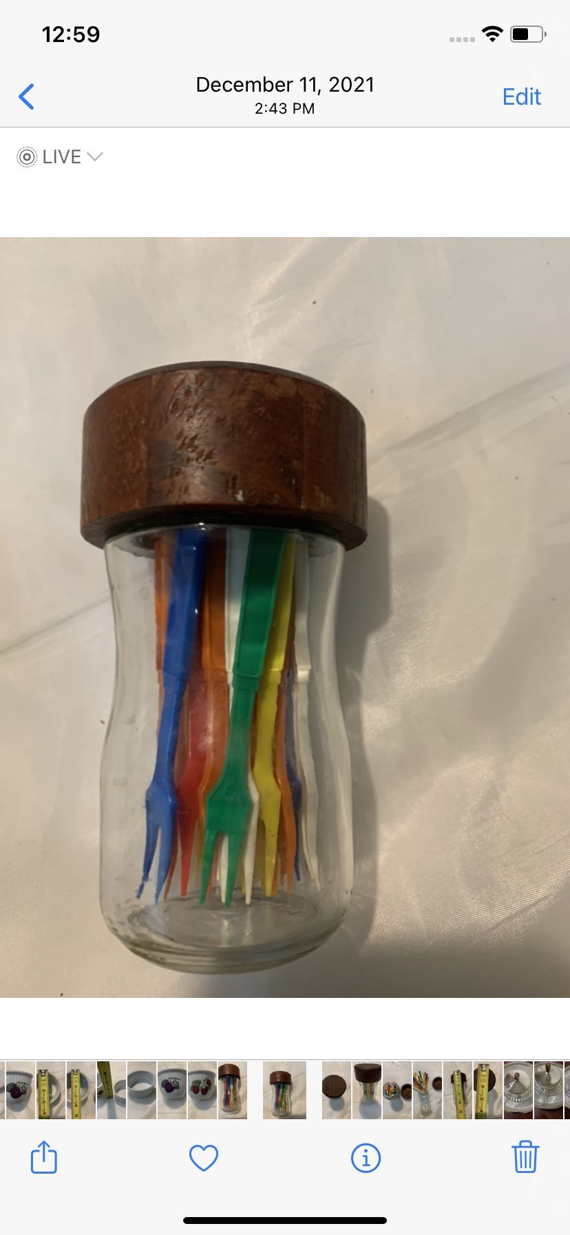 Vintage Pickettes Plastic Cocktail Forks In Glass Jar With Wooden Lid 4” Tall