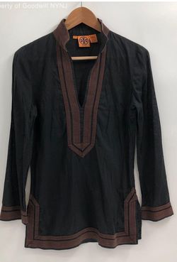 Tory Burch long sleeve lightweight, navy blue tunic with embroidered accents