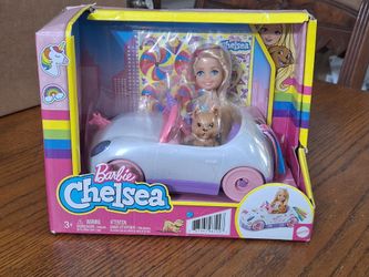 New! Barbie Chelsea Toy Car Set with Unicorn Theme, Blonde Small Doll in Removable Skirt, Pet Puppy, Sticker Sheet & Accessories