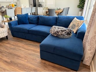 $450- Custom made navy blue velvet couch w/ Chaise- memory foam cushions