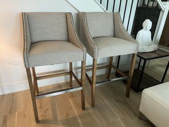 Beige Fabric Bar Stools with Back & Armrests/ 30 inch Tall Stools with Accent Nail Trim. $65 each. $120 for both