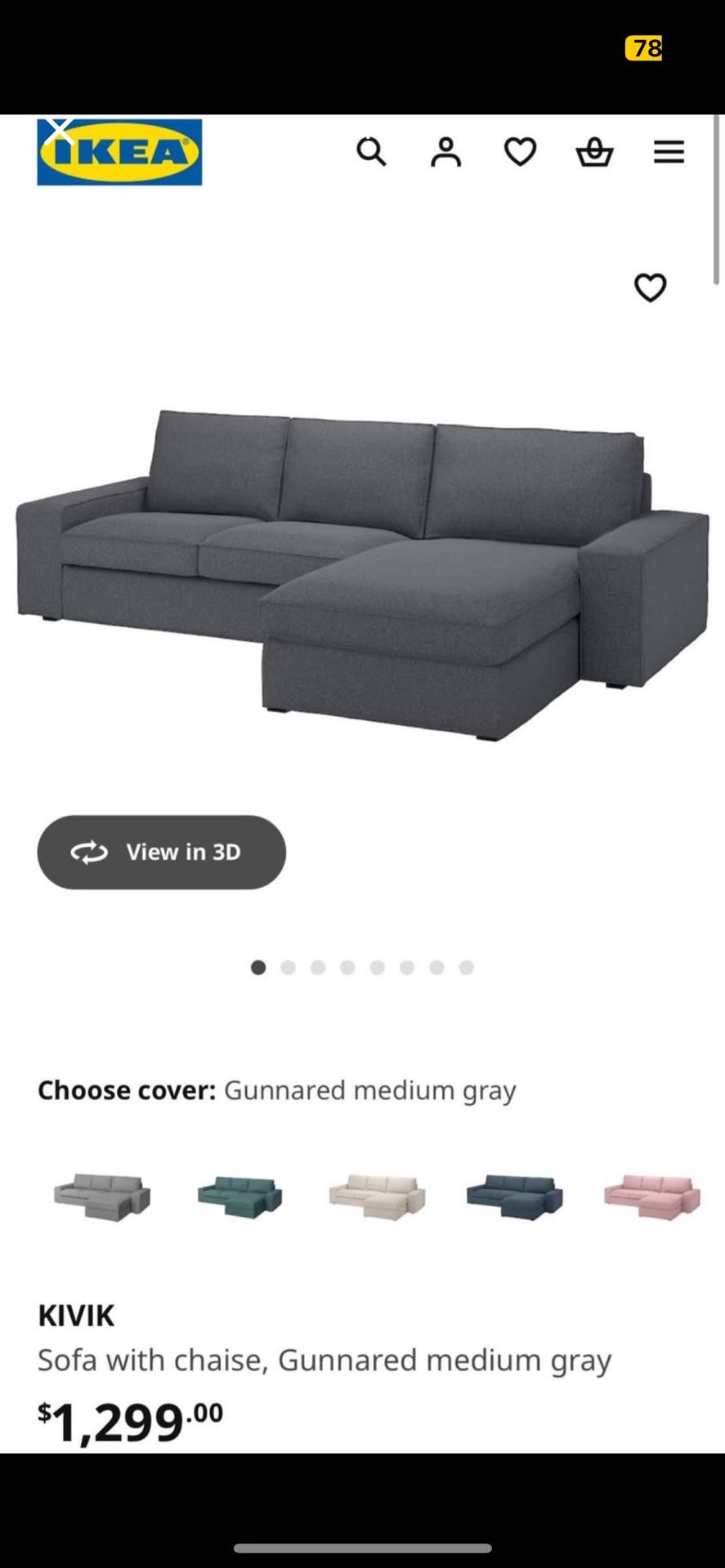IKEA “KIVIK” sofa With Chaise, Medium Gray