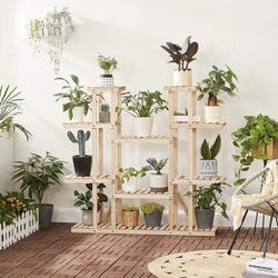 Solid Wood Plant Holder Rack (17 Spots for Flower Pot)  Thumbnail