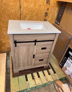 30” Bathroom Vanity wood oak color cabinet marble top sink bath shower