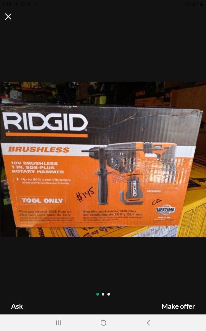 RIDGID BRUSHLESS 18V 1IN SDS PLUS ROTARY HAMMER TOOL ONLY)