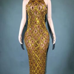 Beautiful Gold Sparkly Crystals & Sequin Gown Dress -Brown Mesh