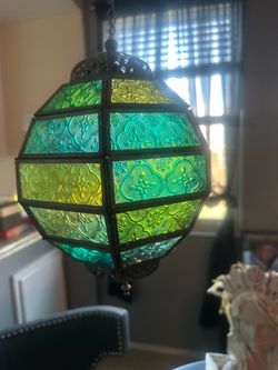 Vintage 1970s Leaded Glass Hanging Suncatcher Globe Green Yellow Window Decor 12"