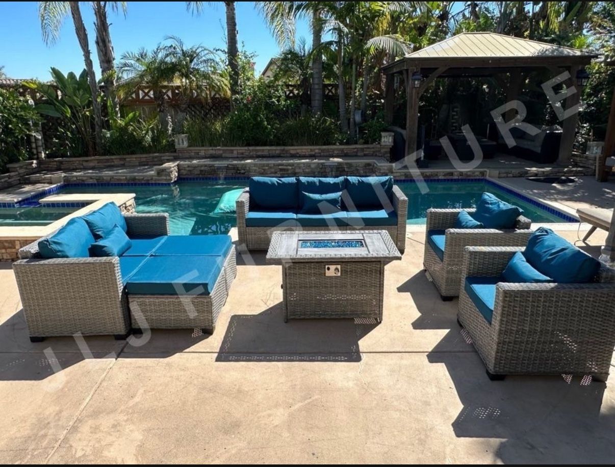 NEW🔥Outdoor Patio Furniture HDPE WICKER Grey with Peacock Blue 4" cushions and Firepit - ASSEMBLED