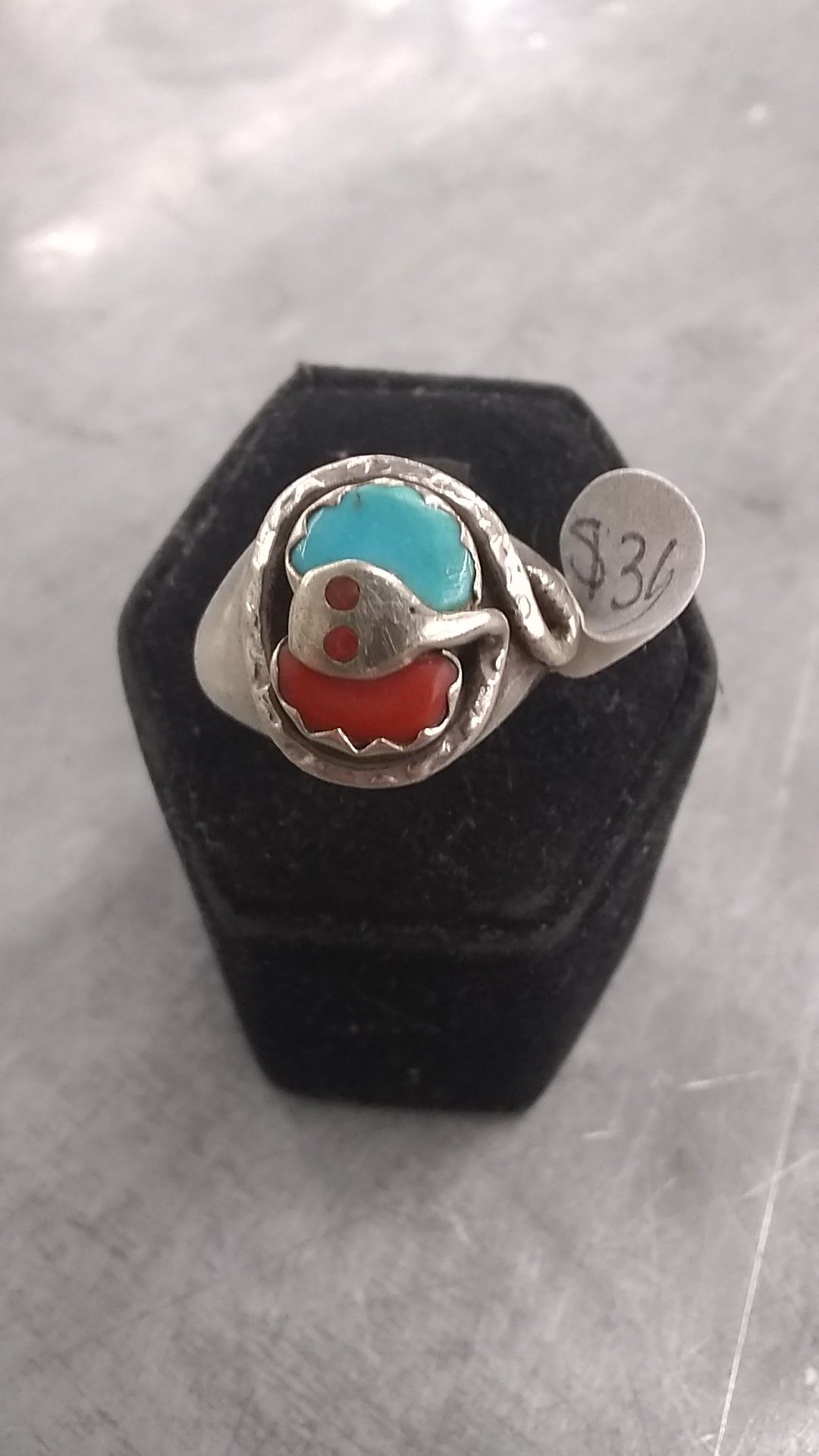 Turquoise and coral ring w/ elephant design