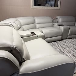 Milan Fog Leather 138'' Power Reclining 6 Piece Sectional with Power Headrest 