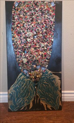 Original Mosaic Mermaid Tail Canvas Painting – 18" x 36" Jeweled Mixed Media