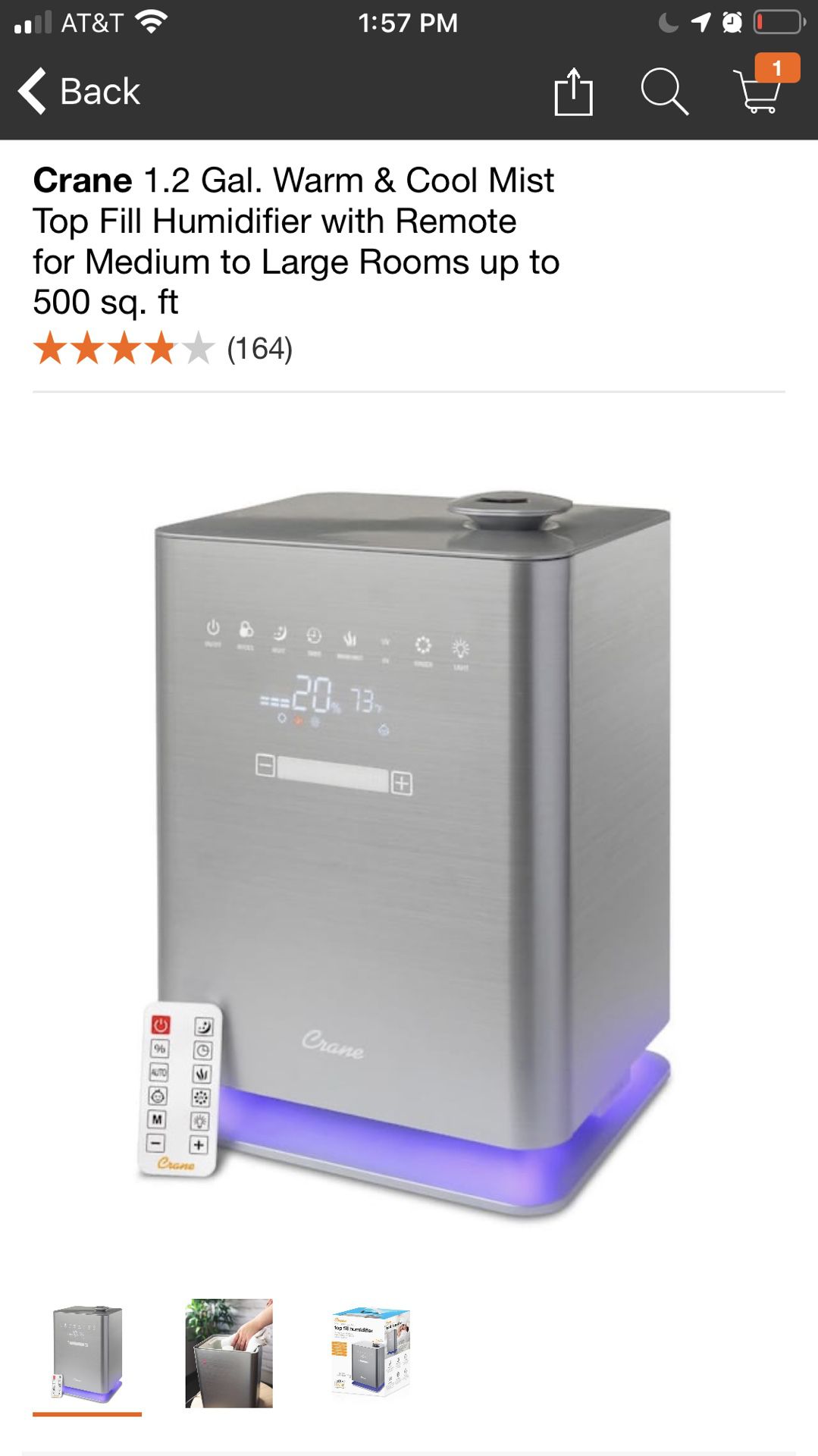 Crane 1.2 Gal. Warm & Cool Mist Top Fill Humidifier with Remote for Medium to Large Rooms up to 500 sq. ft