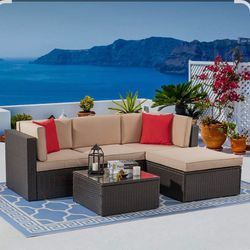 Patio Furniture 5 Pieces PE Wicker Outdoor Sectional Sofa Set With Ottoman