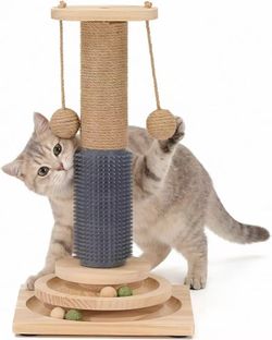 Brand new 4-in-1 Solid Wood Cat Scratching Post with Self-Groomer, Medium Size