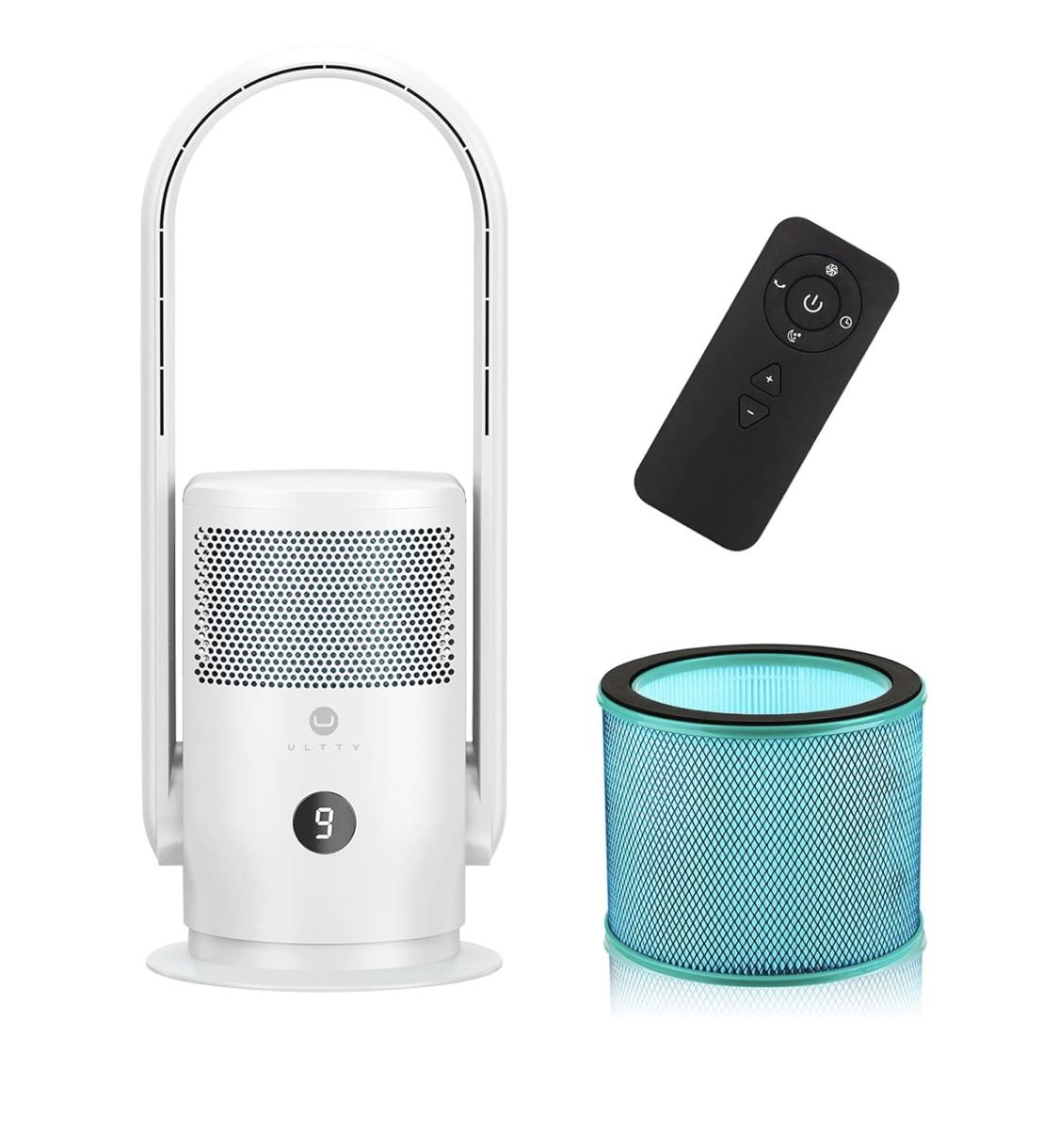 ULTTY Bladeless Tower Fan with Air Purifier, 90° Oscillating Bladeless Fan with Remote, Touch, 8H Timer, Floor Fans for Bedroom Whole Room Home Office