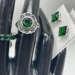 3 Piece Solid 925 Sterling Silver Lab Created Emerald Vintage Style Ring Nano Band Earrings Size 7