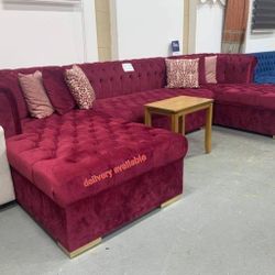 ♡ Lauren Maroon Velvet Double Chaisee Sectionall/Delivery Available/DISCOUNT👈/Home Decor/Financing/ Household 